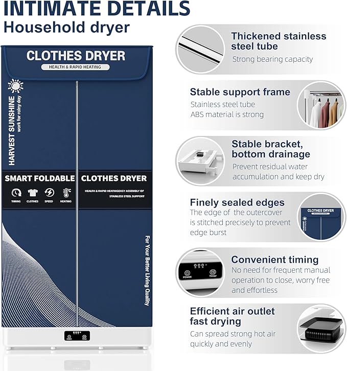 Clothes Dryer, Portable Foldable Drying Machine with Timer, Easy Carry Laundry Drying Wardrobe with Large Capacity, Electric Dryer/Rack for Home | Appartments | RV (Blue DF1)