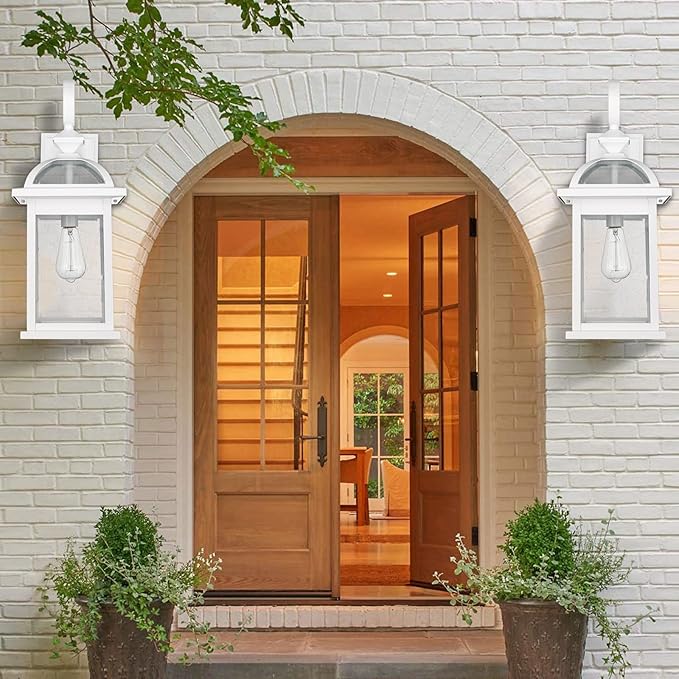 Darkaway Outdoor Lights Fixtures Wall Mount, Large 22inch Outdoor Wall Sconce Lights with Seeded Glass Waterproof Outside Exterior Lights Fixture for House Front Porch Patio （Large, White）