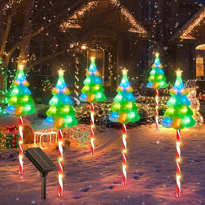 25" Larger Outdoor Christmas Decorations, 6 Pack Colorful Solar Candy Cane Christmas Tree Lights with 10 Lighting Modes and Bright 102 LED, Waterproof Solar Christmas Tree for Pathway Yard