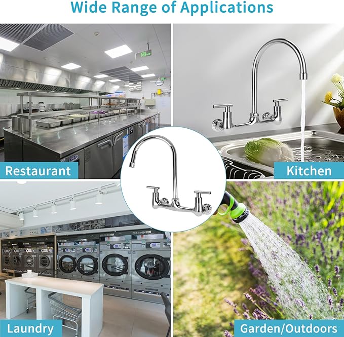 8 Inch Center Wall Mounted Kitchen Faucet, Commercial Sink Faucet with 6" Gooseneck Swivel Spout 2 Handle Utility Faucet for Home Restaurant Compartment Sink