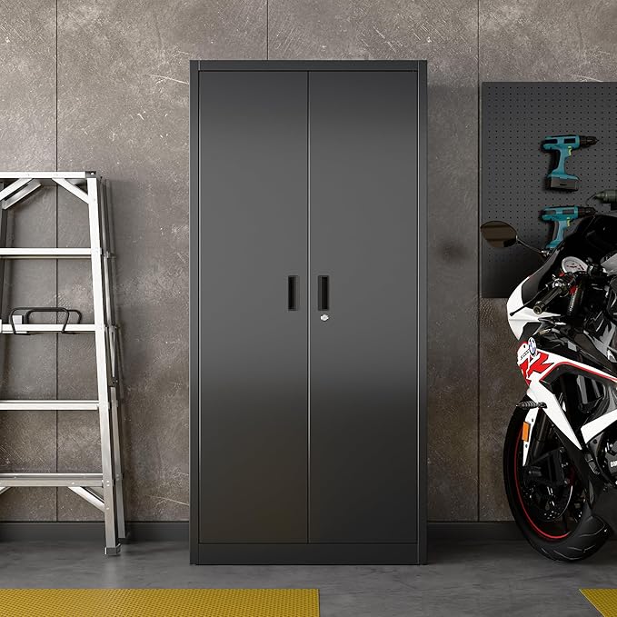 Metal Storage Cabinets with 2 Doors and 5 Adjustable Shelves, 71" H Lockable Garage Storage Cabinet with Pegboard and Hooks, File Cabinet with Lock for Office, Home, Garage, Black
