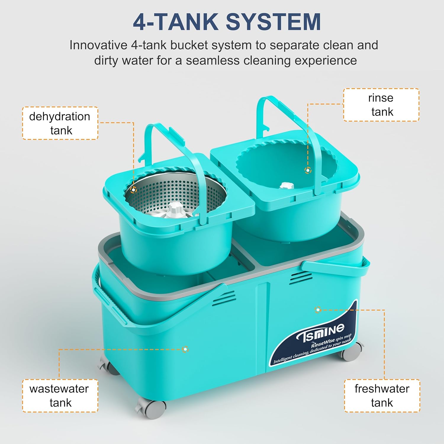 Gen 2 Smart Mop Bucket – 2025 with Wringer on Wheels,Clean & Dirty Water Separation,Spin Mop and Bucket with 1 Reusable Mop Heads, 360° Swivel Wheels for Home Cleaning-Blue