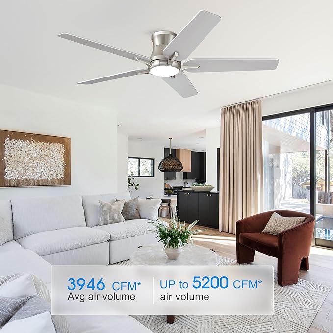 52 Inch Ceiling Fans with Lights and Remote, Brushed Nickel Flush Mount Low Profile Ceiling Fan for Bedroom, Living Room, Patio, Dimmable 6 Speeds Noiseless, ETL Listed