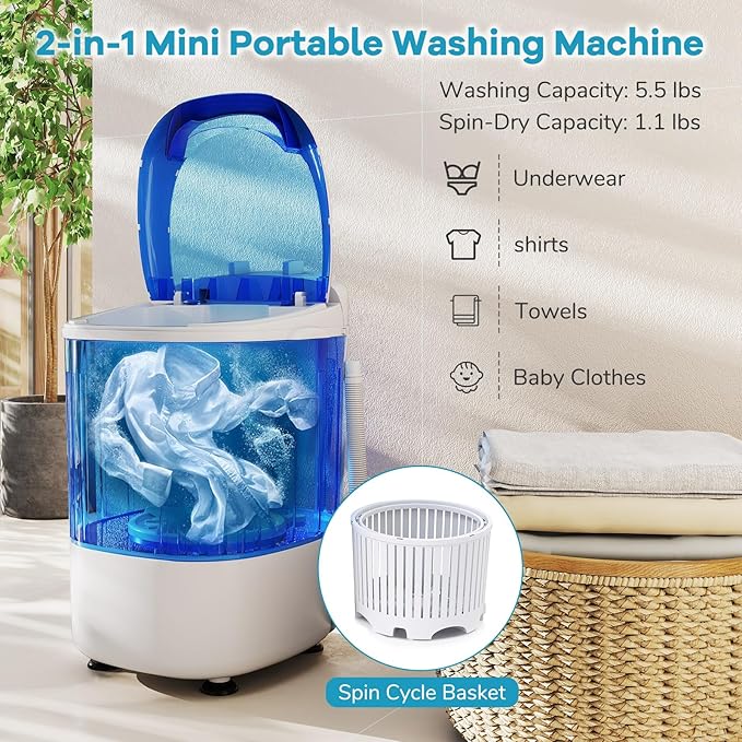 Giantex Portable Mini Washing Machine, 5.5 lbs Capacity Small Compact Laundry Washer with Spin Tub & Drain Hose, Semi-automatic Washer Machine for Apartment Dorms RV Home (Blue)