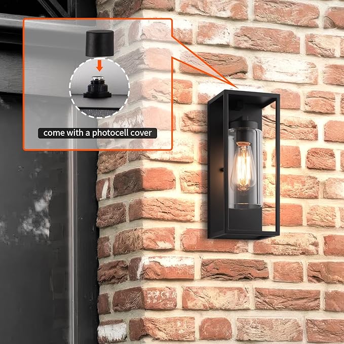 mirrea 14" Dusk to Dawn Outdoor Wall Sconce 1 Light in Cylinder Glass Shade and Matte Black Rectangular Metal Frame Waterproof Porch Light Patio Light Pack of 2