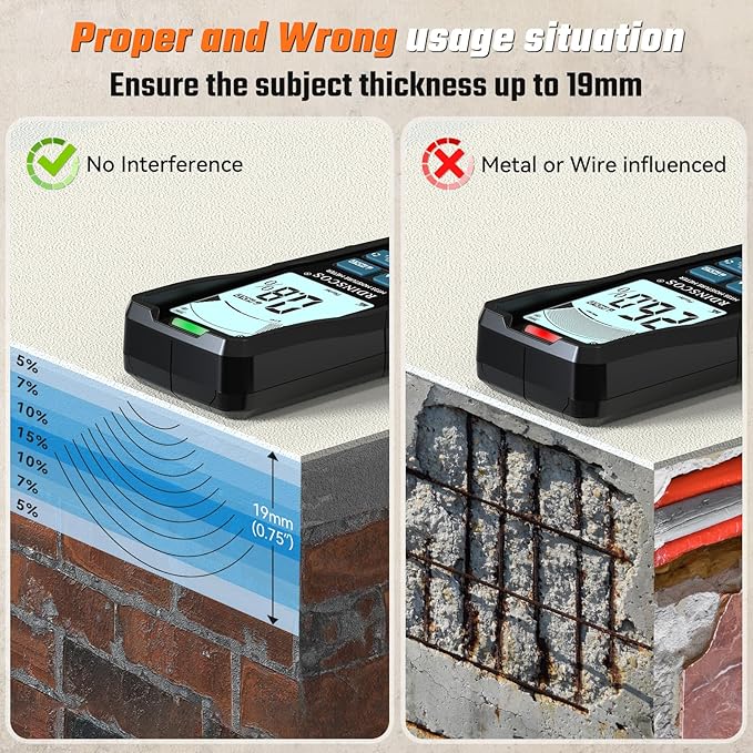 Pinless Moisture Meter for Home Inspection – Non-Destructive Water Leak Detector & Moisture Reader for Basements Walls, Wood, Drywall, Concrete, Masonry – Accurate Moisture Tester with EMF Technology