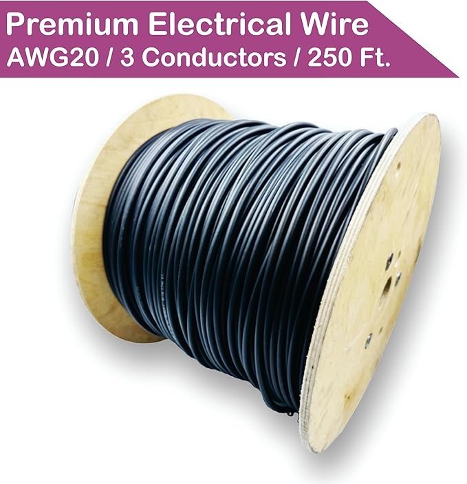 NATIONAL Wire & Cable – 20 AWG 3-Conductor Premium Copper Wire, 250 ft, Stranded | Made in USA, Flexible Jacket | Electronics, Controls, DIY Wiring, Indoor and Outdoor Use