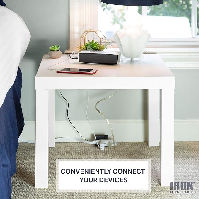 Iron Forge Cable 8 ft Flat Plug White Extension Cord with 3 Outlets - 16/3 SJTW 3 Prong Indoor Extension Cord with Multiple Outlets