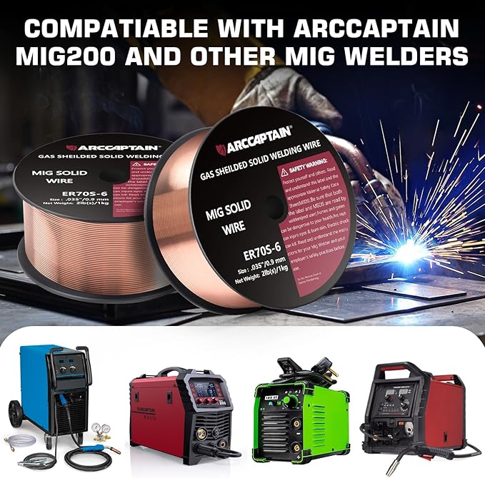 ARCCAPTAIN Mig Welding Wire, Mig Wire ER70S-6 2Lbs Gas Solid Carbon Steel Low Splatter Mig Welding Wire Compatible With Lincoln Miller Forney Harbor Welder 1KG (0.035" 2Lb)