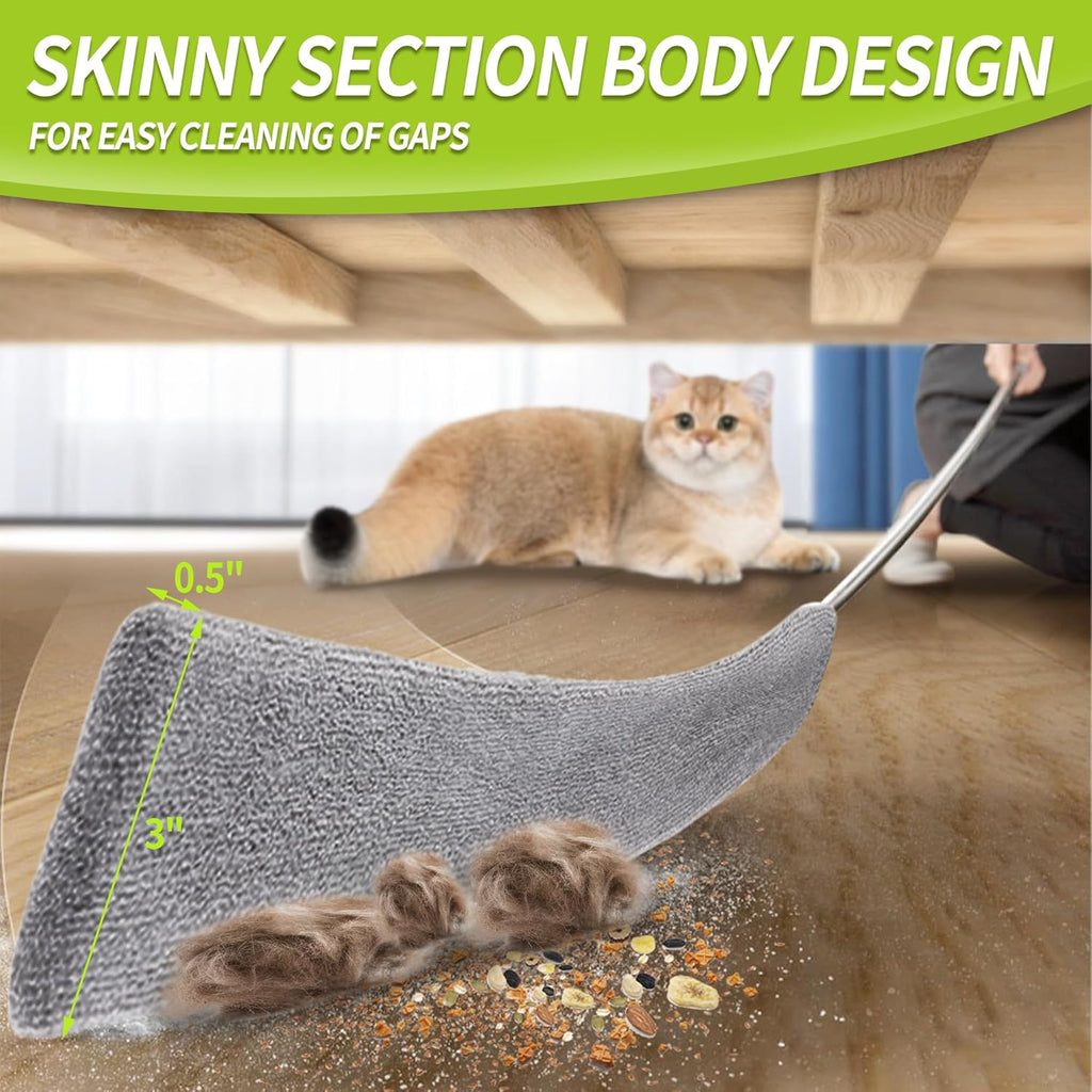 Skinny Duster with Extension Pole for Under Furniture, Under Appliance Cleaning Tool with 3 Microfiber Dusting Cloths, Retractable Flat Duster for Under Refrigerator, Tight Spaces, Gap