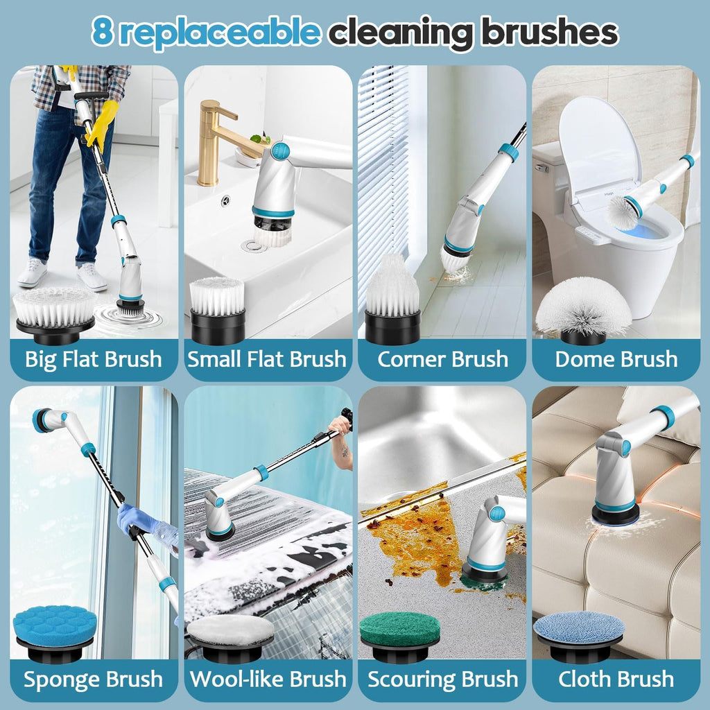1500RPM Electric Spin Scrubber, 8 Brush Heads Electric Scrubber for Cleaning, Shower Scrubber with Long Handle and Two Battery, High Power Scrubber with Display for Bathroom/Tub/Floor