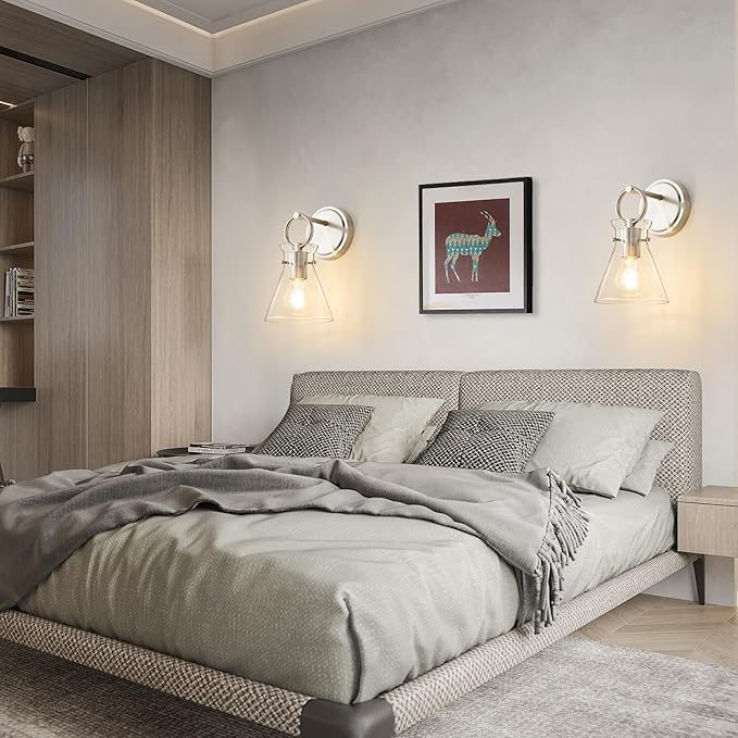 Wall Sconce for Bathroom Modern Vanity Light Fixtures Hardwired Wall Mount Lighting Lamp Farmhouse Wall Lights with 6" Clear Glass Shade for Bedroom Living Room, Brushed Nickel, 1 Pack