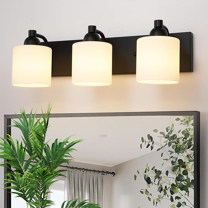 Milk Glass Vanity Lights for Bathroom, 3 Light Matte Black Bathroom Light Fixtures Over Mirror, Ceramic E26 Sockets Wall Mounted