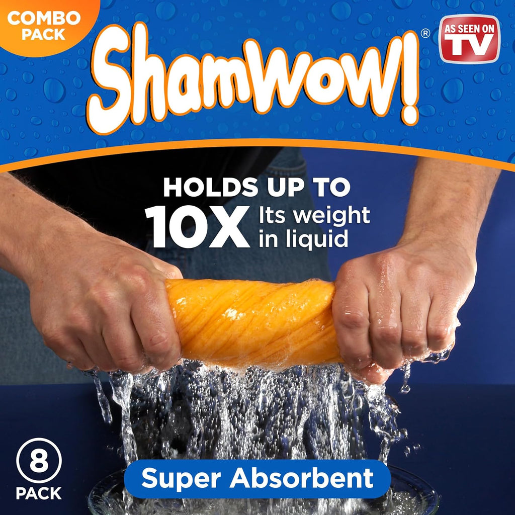 Original Shamwow - Super Absorbent Multi-Purpose Cleaning Shammy Chamois Towel Cloth - Holds 10X its Weight in Liquid - Machine Washable - Will Not Scratch (8 Pack, Orange)