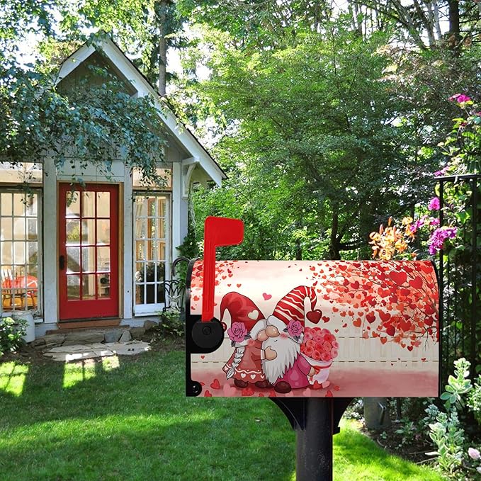 Valentines Gnomes Mailbox Cover Large Size 25.5 X 21 Love Hearts Rose Magnetic Mailbox Covers Red Valentine's Letter Box Cover Wraps Oversized for Garden Yard