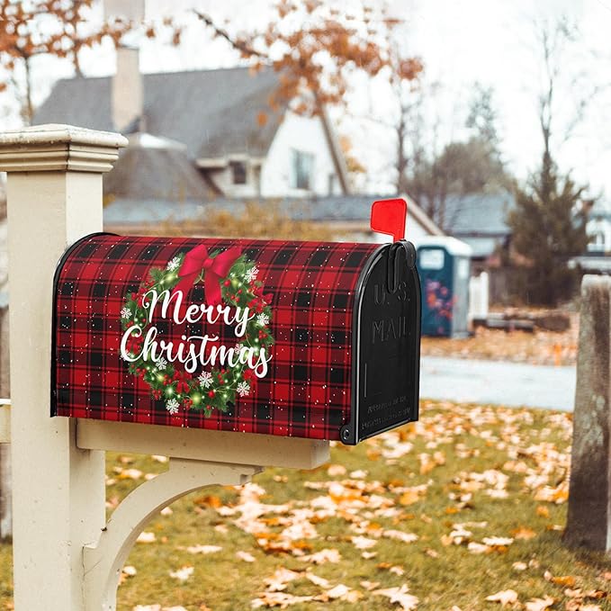 Kawani Merry Christmas Mailbox Covers Magnetic Standard Size 25.5x21 Inch Winter Christmas Wreath Red Black Buffalo Plaid Mailbox Cover Xmas Holiday Wraps Post Box Cover for Garden Yard Decor