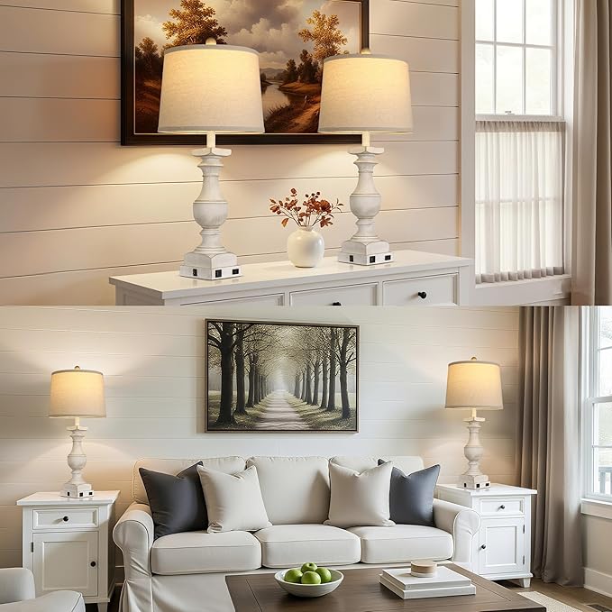 28'' Washed White Table Lamp for Bedroom Nightstand, Vintage Bedside Lamp with USB A+C Port, Farmhouse Desk Lamp with Linen Shade Set of 2, Traditional Nightstand Lamp, Rocker Switch,Bulb Included