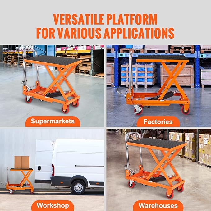 VEVOR Hydraulic Lift Table Cart, 330lbs Capacity 28.5" Lifting Height, Manual Single Scissor Lift Table with 4 Wheels and Non-Slip Pad, Hydraulic Scissor Cart for Material Handling and Transportation