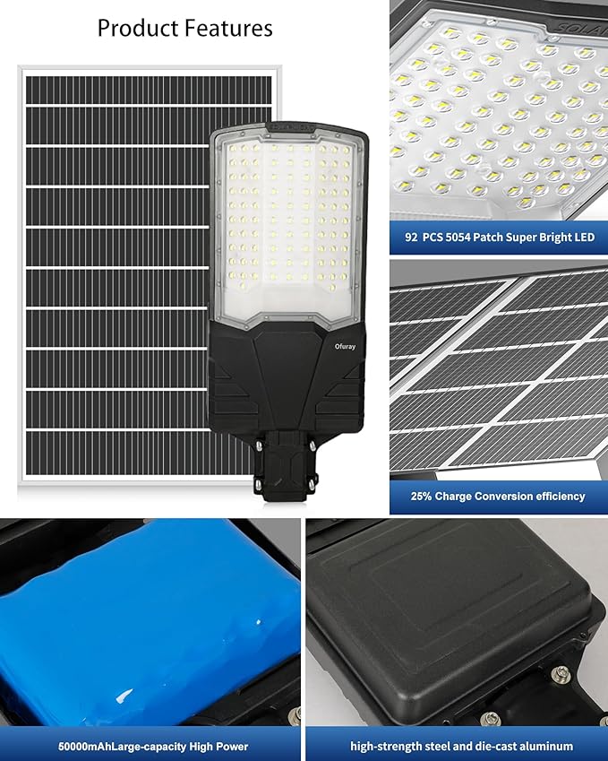 Ofuray Solar Street Lights Outdoor,OL-10000W 50,000Mah High Power Solar Security Flood Lights Parking Lot Lights Commercial Dusk to Dawn,IP67 6500k Led with Remote for Street,Court,Barn