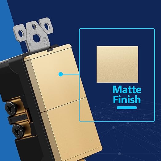 LIDER Minimalist Design Matte Finish Lighted Double Switch with Screwless Wall Plate, Combination Frameless Decorator Switch with Locator Light, Ground Terminal, Single Pole, 15A 120V, UL Listed,Gold