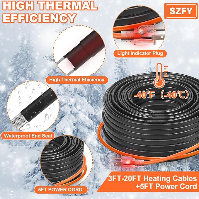 50FT Heat Tape for Water Pipes, -40°F Deicing Cable,Pipe Heating Cables for Roof,Gutter，Farm，Freeze Protetion Heat Trace Cable, Heated Water Hose,Plumbing Fixtures,120V 5W/FT