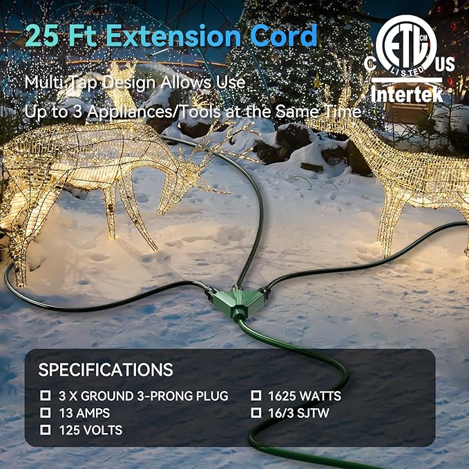 K KASONIC - 25 Ft Extension Cord with 3 Outlets, UL Listed 16/3 SJTW, 3-Wire Grounded, 13A 125V 1625W for Indoor/Outdoor Use - Green