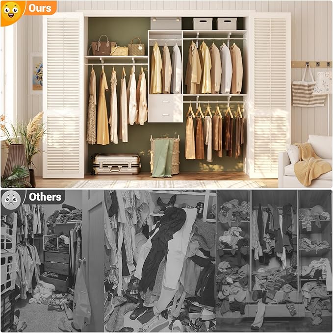 Cyclysio 8 FT Hanging Closet Organizer, 96 Inch Closet Organizer and Storage with 4 Adjustable Rods and 3 Shelving Towers, Wardrobe with Drawers for 4-8FT Spaces(Cut-to-Fit), White