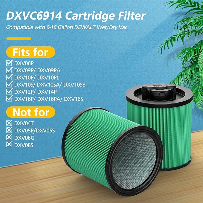 DXVC6914 Cartridge Filter Replacement Compatible with DeWalt DXV06P DXV09P DXV10P DXV10PL DXV10SA DXV12P DXV14P DXV16P Wet/Dry Vac Vacuum Cleaner (NOT fits for DXV06G/ DXV08S) 2 Pack