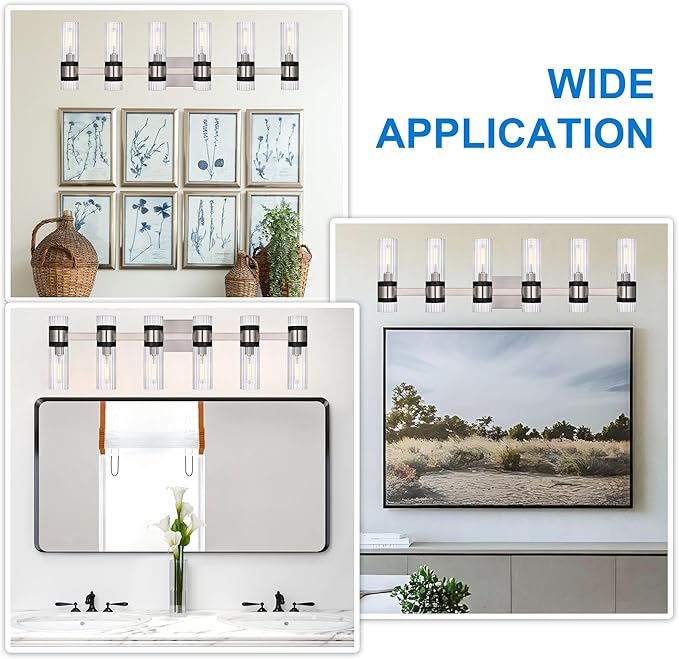 MELUCEE 6 Light Black Vanity Lighting Fixture with Ribbed Clear Glass Shade, Vanity Bathroom Light Fixture Over Mirror Industrial Wall Mounted Sconces Lighting, E12 Base