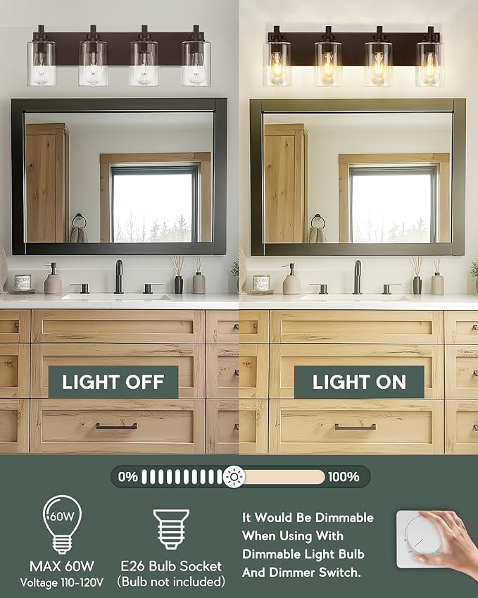 4-Light Bathroom Light Fixtures, 24.5 Inch Oil Rubbed Bronze Vanity Lights with Cylinder Clear Glass Shade, Modern Vanity Lighting Fixtures Over Mirror, VL143-ORB-4