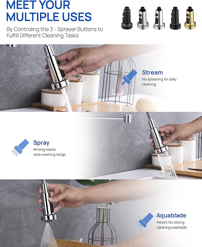 J-HVA Pull Down Kitchen Faucet Sprayer Head Replacement Part with 15 Connectors, 3 Function Pull Out Sink Sprayer Replacement Nozzle, Kitchen Faucet Head Hose Spray Tap Spout, Chrome