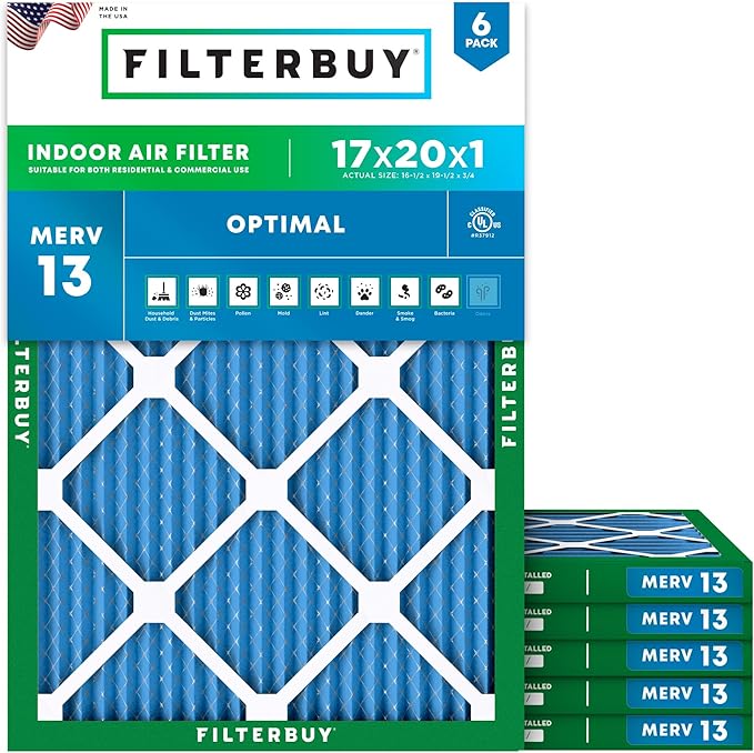 Filterbuy 17x20x1 Air Filter MERV 13 (MPR 1900) Health Defense Replacement (6-Pack), Electrostatic Pleated HVAC AC Furnace Filters, Made in USA (Actual Size: 16.50 x 19.50 x 0.75)