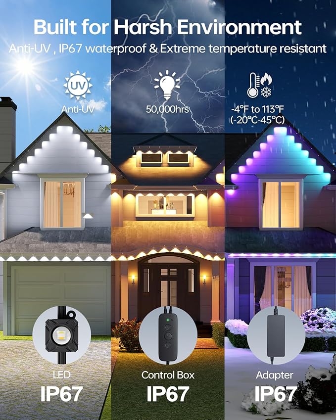 ASAHOM Permanent Outdoor Light Pro S108C, 150FT with 108 RGBCW 70lm LED, WLED Integration, AI Lighting, 30000 Lighting Effect Combination, IP67 Waterproof for Halloween Christmas Daily Decor, Black