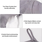 100% Pure Linen Dual Hanging Laundry Bag with 2 Deep Pocket and 2 Side Zipper 20x27in, Over The Door Laundry Hamper Space Saving Hampers for Dirty Clothes Home Travel, Grey