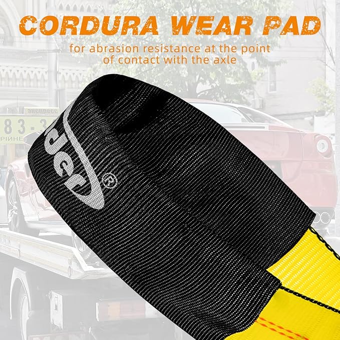 Heavy Duty Adjustable Car Tie Down Kit with Snap Hooks -Break Strength 10,000 lbs-Working Load 3333 lbs-Bonus Includes 4 Pack 36" Axle Straps with D-Ring(Yellow)