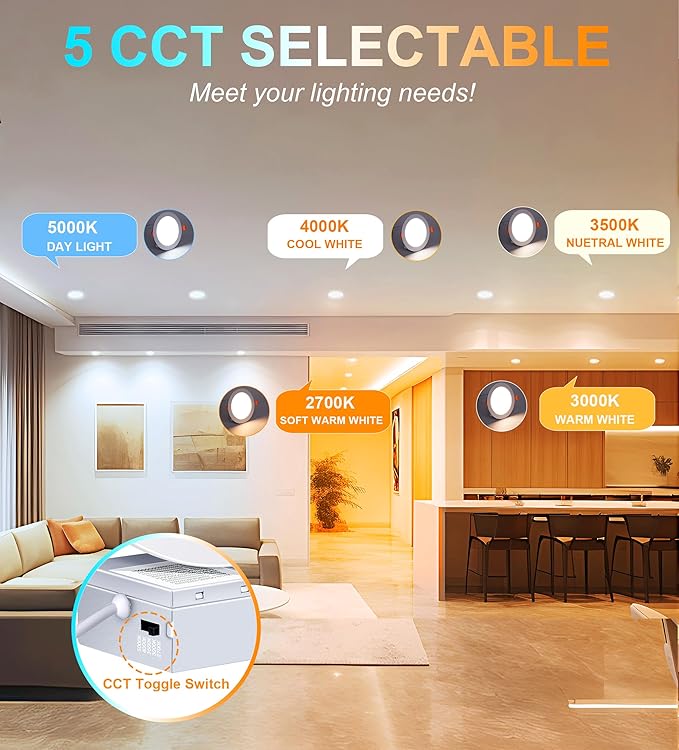 CLOUDY BAY 6 Pack 6 Inch 5CCT Ultra-Thin LED Recessed Ceiling Light with Junction Box,2700K/3000K/3500K/4000K/5000K Selectable,15W Dimmable Canless Downlight,1000LM High Brightness