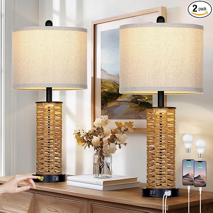 27" Boho Rattan Table Lamps Set of 2, Coastal Bedside Lamp with Night Light, Woven Wicker Bedroom Nightstand Lamps with USB A+C Charging Port, Tall Farmhouse Lamp for Living Room End Table