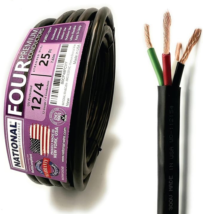 NATIONAL Wire & Cable – 12 AWG 4-Conductor Premium Copper Wire, 25 ft, Stranded | Made in USA, Heavy-Duty Flexible Jacket | Automotive, Solar, Home, RV, Indoor and Outdoor Use