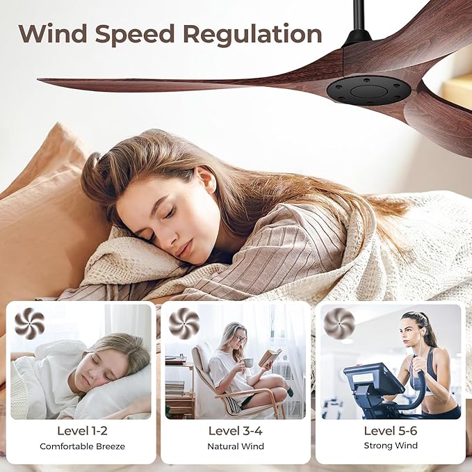 60 Inch Ceiling Fan Without Lights, Walnut Finish | Outdoor Ceiling Fan with Remote, 6-Speed Adjustable Reversible DC Motor for Patio & Living Room