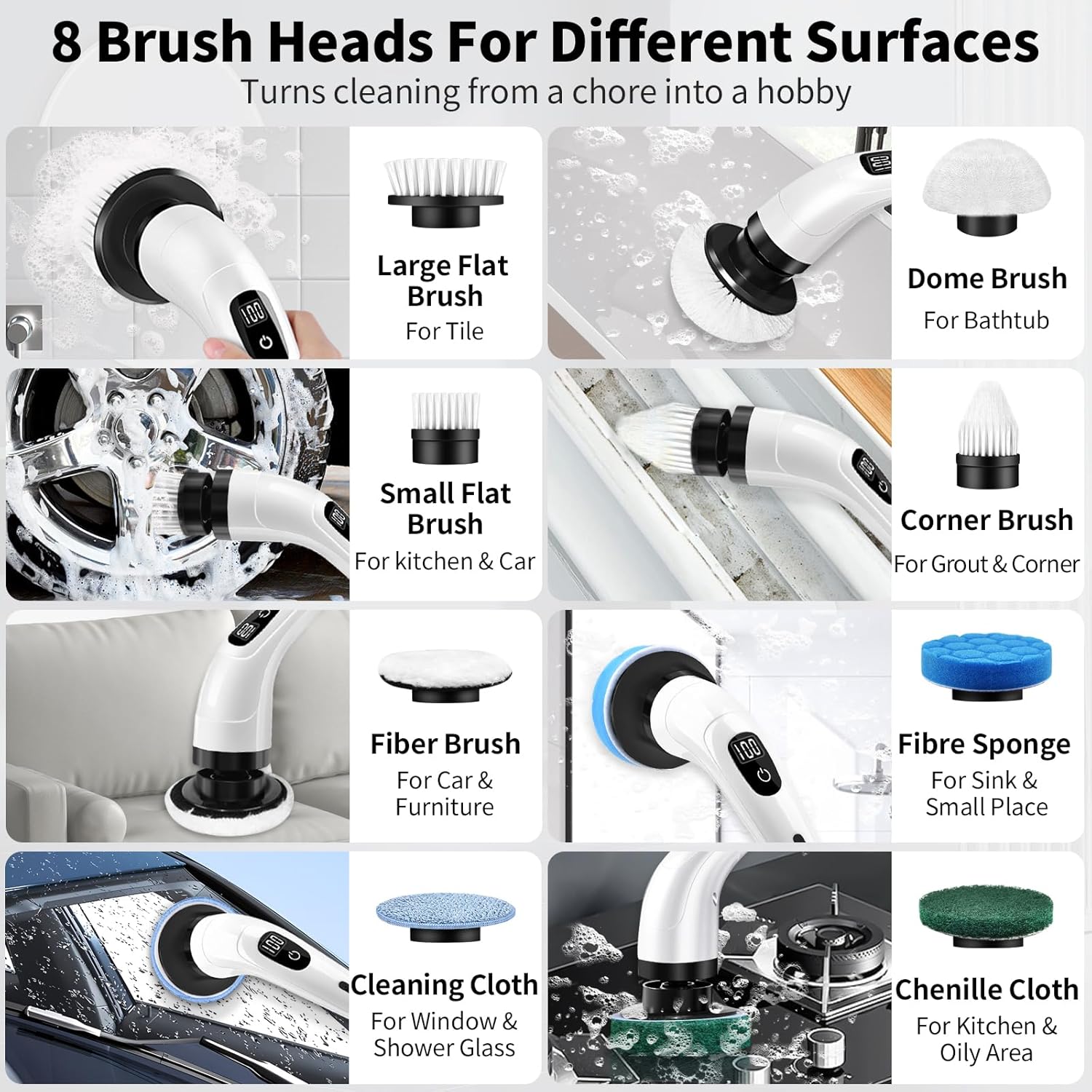 GOXAWEE Electric Spin Scrubber, Cordless Cleaning Brush with 8 Replaceable Brush Heads, Power Shower Scrubber with Long Handle for Bathroom, Tub, Tile, Floor (White)
