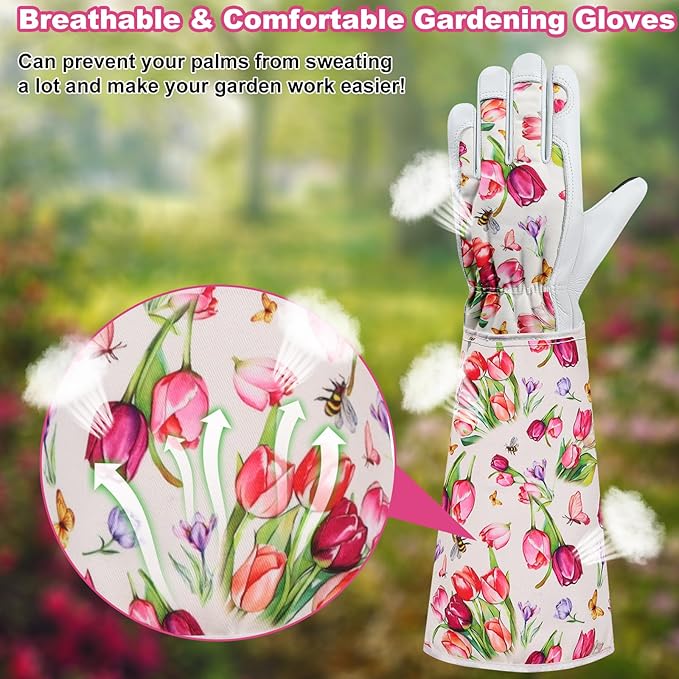DLY Gardening Gloves for Women, Rose Gloves Gardening Thorn Proof, Long Garden Gloves for Women, Breathable Cowhide Leather Gauntlet(Medium,White)
