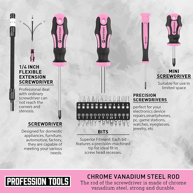 Magnetic Screwdrivers Set with Case, Amartisan 43-piece Includs Slotted, Phillips, Hex, Pozidriv,Torx and Precision Screwdriver Set, Magnetizer Demagnetizer Tools, Tools for Men (Pink))