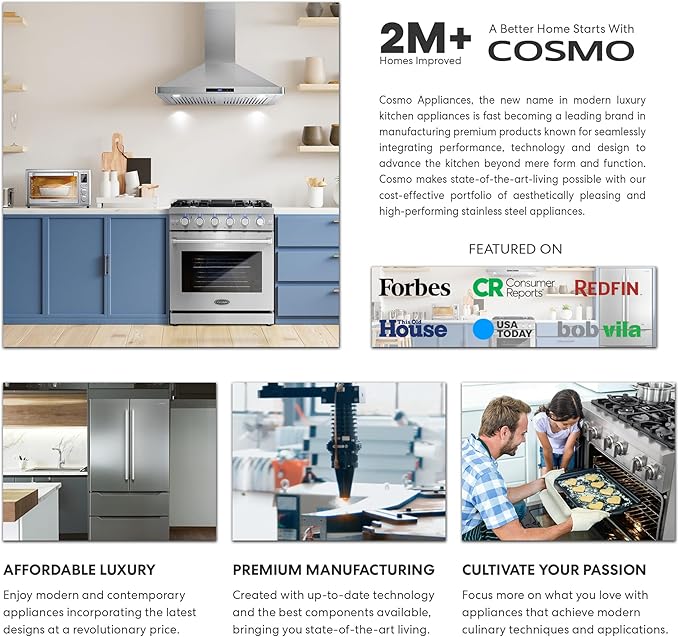 COSMO COS-EPGR486G 48 in. Haven Collection 7 cu. ft. Double Oven Gas Range, 6 Burners, Griddle, Convection, Knob LEDs, Stainless Steel