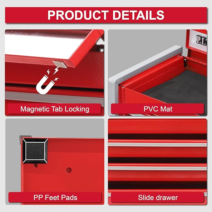 P.I.T. Mini Red Tool Box, Portable 3 Drawer Steel Stackable Tool Box with Magnetic Tab Locking, Red Micro Top Chest with Liner for Tools Storage and Organizers, Home DIY