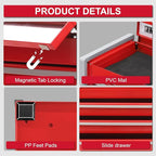 P.I.T. Mini Red Tool Box, Portable 3 Drawer Steel Stackable Tool Box with Magnetic Tab Locking, Red Micro Top Chest with Liner for Tools Storage and Organizers, Home DIY