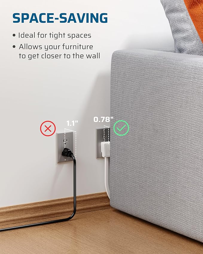 DEWENWILS 6FT Flat Plug Extension Cord, 3 Prong Ultra Thin Power Strip, 13A/125V/1625W, 16/3 Awg Grounded Flat Power Cable for Indoor Narrow Space, SPT-3 Cord, ETL Listed, White, 2 Pack