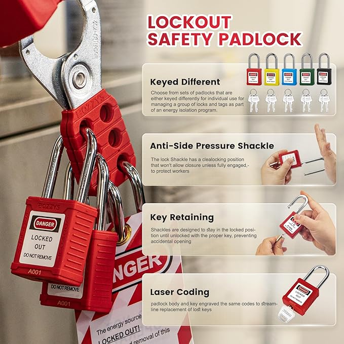 Lockout Tagout Locks 6-Pack｜OSHA Orange Loto Locks Keyed Different｜2 Keys/Lock for Industrial Machinery & Electrical Panels｜Chrome Steel & Laser Coding