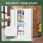 Greenvelly Metal Garage Storage Cabinet with 2 Doors & Adjustable Shelves, 72" Lockable Steel Tool Cabinet - White - (36" W x 18" D)