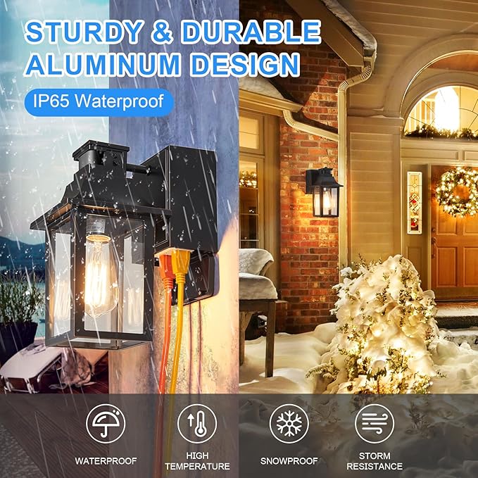 Porch Light with GFCI Outlet Dusk to Dawn Motion Sensor Outdoor Light 3 Light Modes Exterior Light Fixture Waterproof Outside Wall Light for House Patio Garage