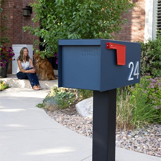 Adoorn Post Mount Mailboxes, 9.5 x 9.5 x 19.5 (HxWxD) Large, Galvanized Steel Modern Mailbox, for Daily Letters, Magazines and Packages, Weatherproof with Front Access Door - Navy